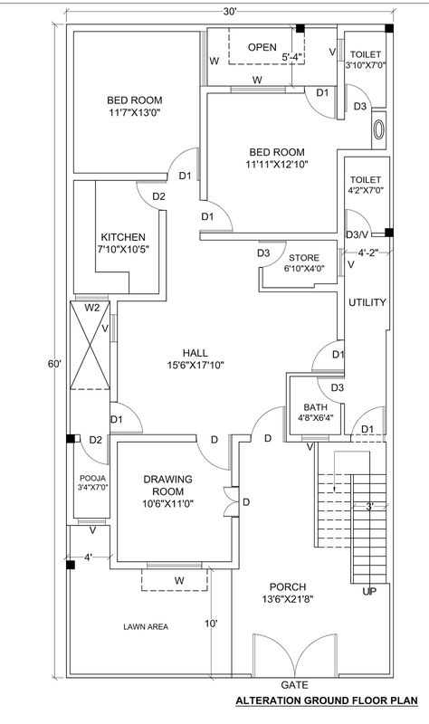 House Plan for 30' X 60' (1800 sq. ft) - Housewala Pelan Rumah Kecil, 40x60 House Plans, 30x50 House Plans, 20x30 House Plans, Budget House Plans, 20x40 House Plans, 30x40 House Plans, 2bhk House Plan, Pelan Rumah