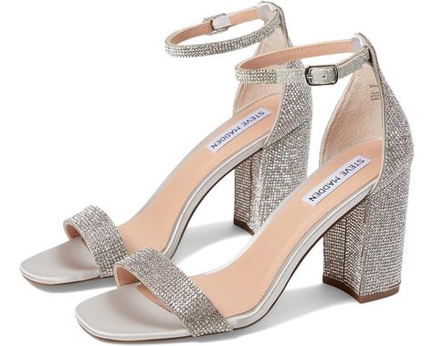 Steve Madden Spark Heeled Sandal Steve Madden Kimmie Sandal, Silver Heels Prom, Steve Madden Flats, Heels Steve Madden, Formal Heels, Tie Up Sandals, Jeweled Shoes, White Leather Sandals, Jeweled Sandals