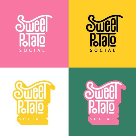 A cool and funky logo design and brand identity pack for Sweet Potato Social, with bright colors, bubble font, and a fun logo and identity. Click through for the full creative branding and web design project. Funky branding, Quirky branding, Quirky logo, Fun logo design, Funky typography Logos With The Word The, Avocado Stationary, Funky Logo Design Brand Identity, Fun Typography Logo, Funky Brand Design, Sweet Graphic Design, Seltzer Branding, Gum Branding, Sweet Logo Design