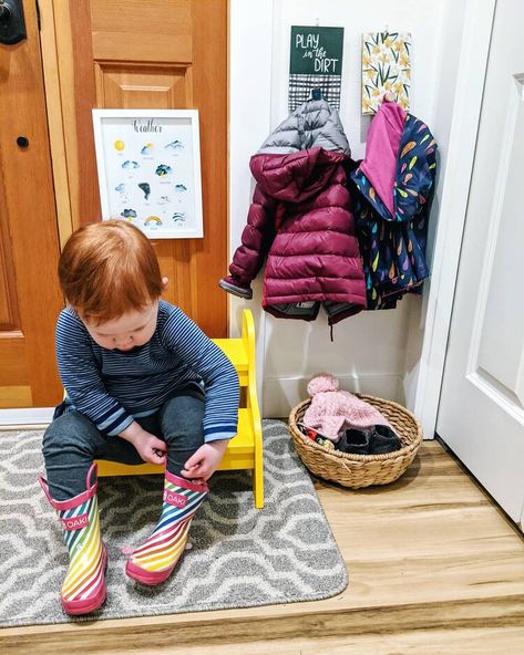 Montessori From Scratch - Montessori in Real Life Montessori Entryway, Elevated Bed Frame, Mudroom Cubbies, Independent Toddler, Montessori At Home, Design Tricks, Learning Tower, Winter Books, Finishing School