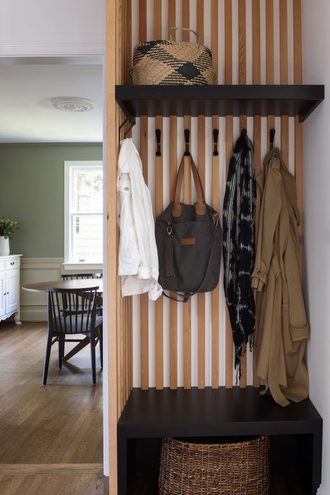 Modern Mudroom, Mudroom Remodel, Front Closet, Coat Storage, Entry Wall, Wood Slat Wall, Condo Living, Home Entrance Decor, Mudroom Bench