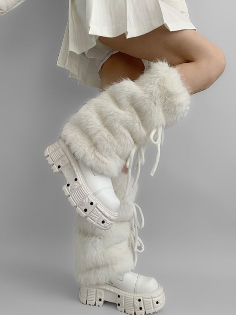 Step into the enchanting world of autumn and winter fashion with our White Self-tie Bowknots Faux Fur Leg Warmers. Adorned with delicate, self-tie bowknots, these leg warmers offer a customizable fit and an extra dose of kawaii cuteness. The classic white hue complements any outfit. Garment Size SizeFree SizeFull Length40Cuff28/42 White Fur Accessories, White Fur Leg Warmers, White Rave Fit, White Fur Outfit, Fluffy Outfits, Fuzzy Aesthetic, Fur Legwarmers, Abbey Aesthetic, Snow Bunny Outfit