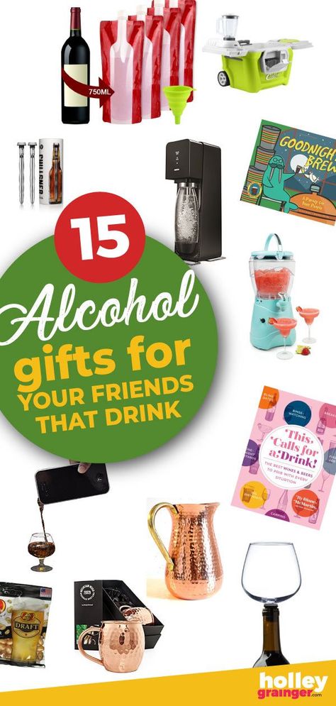 Searching for a gift to give your alcohol-loving friends? This gift guide features 15 boozy gifts for your friends that drink. Whether you’re a wine, beer, liquor, or frozen drink lover, this boozy gift guide has something for every alcohol aficionado! Click to Shop all 15 gift ideas. | Holley Grainger | Gift guide | Christmas gift guide | Alcohol gift ideas | Alcohol based gift guide | Adult gift guide || #giftguide #christmasgifts Diy Gifts For Adults, Boozy Gifts, Gifts For Your Friends, Christmas Candles Diy, Liquor Gifts, Frozen Drink, Friends Drinks, Drinking Gift, Alcohol Humor