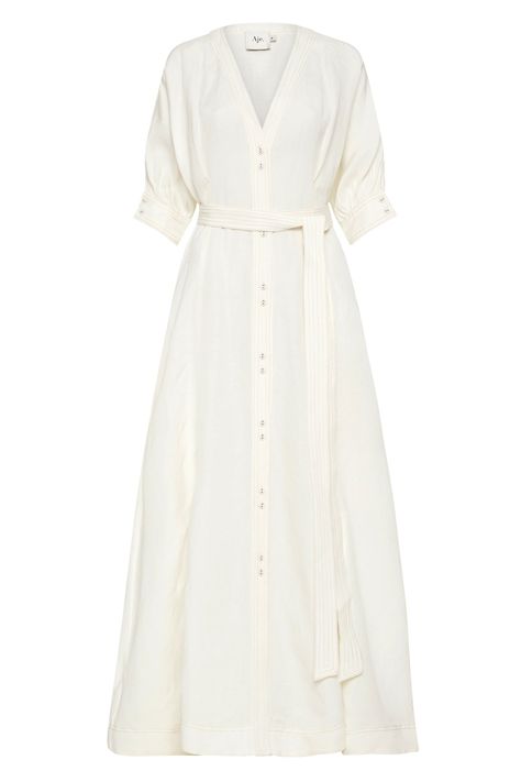 PRODUCT DETAILS Linen blend midi dress Functional button-down front Removable self tie belt Pockets at hip SIZE AND FIT Model wears a size 8/S Model: 176cm/5’8 Bust: 78cm Waist: 61cm Hips: 86cm FABRICATION 55% Linen 45% Rayon Dry Clean Only Linen Midi Dress Outfit, Ivory Midi Dress, Midi Dress Outfit, Elegant Midi Dresses, Linen Midi Dress, Dress Silhouette, Mid Length Dresses, White Maxi Dresses, Easy Wear