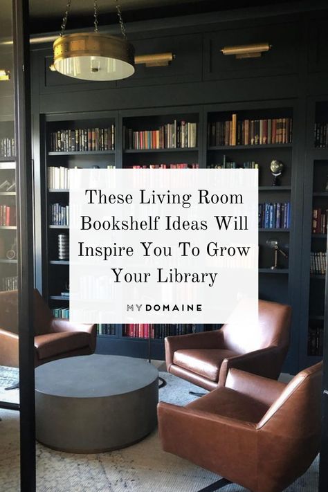 Library Lounge Room Ideas, Home Library Lounge Ideas, Bookshelf Walls Living Room, Manly Bookshelf Decor, Bookshelf And Bar, Book Shelf Ideas Living Room Modern, Small Dark Library Room, Basement Library Ideas Spaces, Modern Office Bookshelf