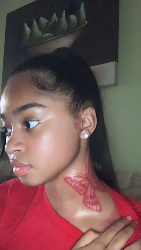 Small Face Tattoos, Butterfly Neck Tattoo, Small Neck Tattoos, Face Tattoos For Women, Red Heart Tattoos, Girl Neck Tattoos, Small Heart Tattoos, Cute Hand Tattoos, Herz Tattoo