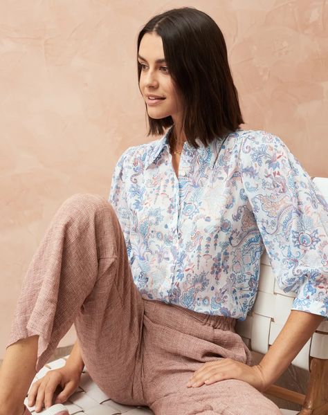 Liberty Print Cotton Chiffon Blouse in Azure Reef | Women | Brora Liberty Art Fabrics, Liberty Print, Chiffon Shirt, Chiffon Blouse, Print Blouse, Co Ord, Personal Stylist, Printed Blouse, Slow Fashion