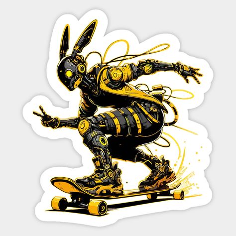 Yellow ratio bunny rabbit robot skater, cool cyborg with skateboard, cool design for every cyberpunk fan and skateboard. -- Choose from our vast selection of stickers to match with your favorite design to make the perfect customized sticker/decal. Perfect to put on water bottles, laptops, hard hats, and car windows. Everything from favorite TV show stickers to funny stickers. For men, women, boys, and girls. Robot Bunny, Cyberpunk Stickers, Cyberpunk Art, Cool Design, Sticker Art, Bunny Rabbit, Hard Hats, Car Windows, Funny Stickers