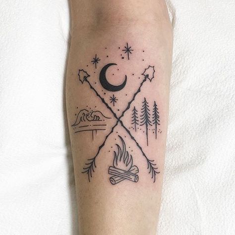 Tattoo Camping, Camping Tattoo, Hiking Tattoo, Fire Tattoo, Arrow Tattoo, Nature Tattoos, Camping Ideas, Tattoo Placement, Outfit Look