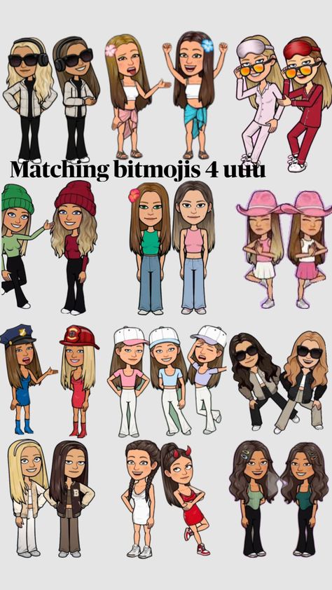 Snapchat Bitmoji Best Friends, Best Friend Matching Bitmoji Outfits Snapchat, Snapchat Character Ideas, Two Person Bitmoji Outfits, Matching Bff Bitmoji, Cute Matching Fits For Best Friends, Christmas Bitmoji Outfits For 2, Matching Outfits For Snapchat, Cute Matching Snapchat Outfits