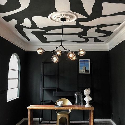 Things You Can Do to Beautify Your Ceiling - gramydeco.com Statement Ceiling Wallpaper, Dark Grey Walls And Ceiling, Wallpaper Ceiling Black Walls, Maximalist Black And White, Ceiling Paint Design Ideas, Ceiling Wallpaper Office, Black Wallpaper Ceiling, Painted Ceiling And Accent Wall, Monochromatic Office Design