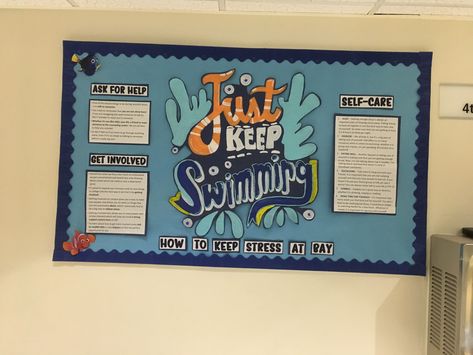 Just keep swimming. Finding nemo themed bulletin board - RA Bulletin Boards- CK Swim Lesson Bulletin Board, Swim Team Bulletin Board Ideas, Pool Bulletin Board, Finding Nemo Bulletin Board, Team Bulletin Board, Residence Life Bulletin Boards, Dorm Themes, College Bulletin Boards, Ra Themes