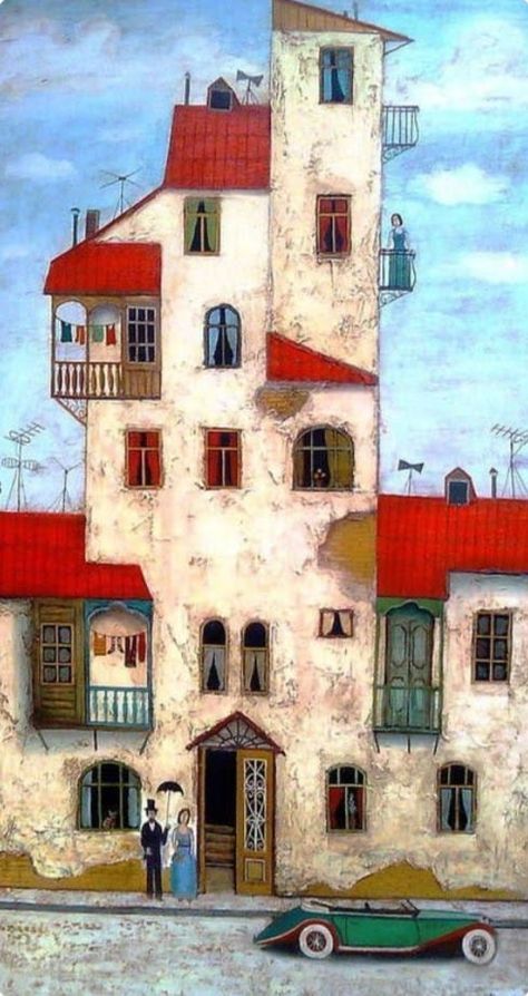 Naive Art Extraordinaire | Click on the image.. | Facebook Arte Folk, Cottage Art, Architecture Painting, Happy House, 수채화 그림, Cool Landscapes, Naive Art, Urban Sketching, Folk Art Painting