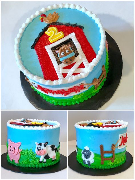 Barnyard cake! #nikijoycakes #buttercream #cake #barnyard Farm Theme Cake Buttercream, Barnyard Animal Cake, Farm Cake 2nd Birthday, Farm Animal Birthday Cake Buttercream, Barnyard Cake Ideas, Buttercream Farm Cake, Farm Cake Buttercream, Farm Animal Cakes For Kids, Farm Animal Smash Cake