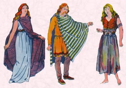 Costume history on fashion-era.com  -  A Celtic woman; in the centre a Celtic man and on the far right a Celtic peasant. Grecian Clothing, Ancient Egyptian Dress, Celtic Costume, Egyptian Dress, Celtic Fashion, Celtic Dress, Celtic Clothing, Irish Clothing, Ancient Celts