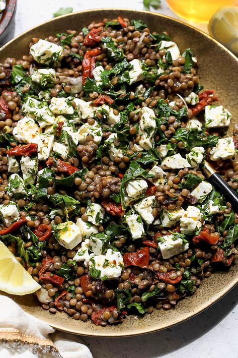 Warm Lentil Salad with Marinated Feta - Dishing Out Health Marinated Feta, Dishing Out Health, Chopped Kale, Green Lentils, Lentil Salad, Kosher Recipes, Lentil Recipes, Sun Dried Tomatoes, Fresh Dill