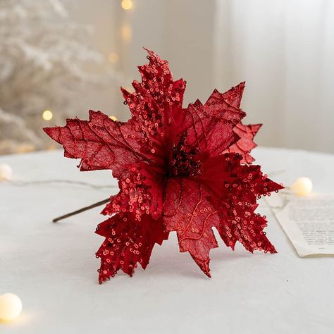 PRICES MAY VARY. Glitter poinsettia flower diameter approx 7.87inch / 20cm. Christmas flowers ornaments are made of flexible and non-breakable material with shiny glitter powder.,can be applied to anywhere you want, covered with glitter, which make the tree more attractive and add more holiday atmosphere. Christmas poinsettia decorations include 6 pack Christmas glitter poinsettia flowers.Get christmas tree theme ready for glitters galore Poinsettia Flowers. Great for your Christmas Tree decorat Flowers For Christmas Tree, Red Christmas Flower, Flowers For Christmas, Artificial Xmas Trees, Artificial Bouquet, Glitter Flowers, Velvet Flowers, Xmas Tree Decorations, Poinsettia Flower