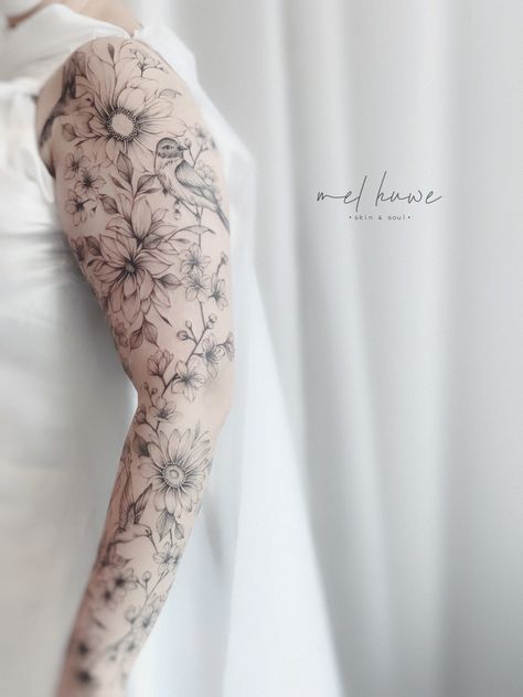 Fine Line Floral Half Sleeve Tattoo, Fine Line Flower Sleeve Tattoo, Fine Line Full Sleeve Tattoo, Upper Chest Tattoo Female Small, Fineline Sleeve Tattoo, Tatoos Woman Chest, Fineline Tattoo Sleeve, Fine Line Sleeve Tattoo, Wildflower Half Sleeve Tattoo