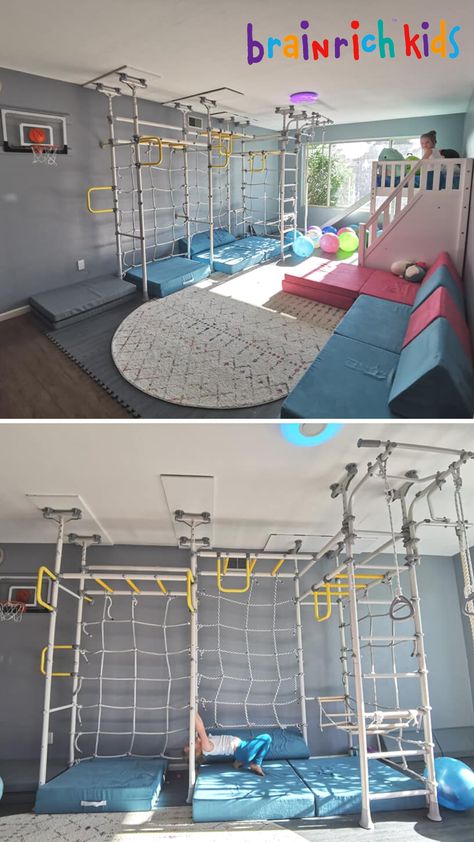 Home Play Gym, Garage Play Area For Kids, Indoor Kids Gym, Indoor Play Gym, Kids Play Gym Indoor, Boys Playroom Ideas Older, Kids Room Climbing Wall, Brainrich Kids Playroom, Kids Gym Room Indoor Play