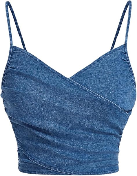 MakeMeChic Women's V Neck Wrap Crop Denim Top Sleeveless Spaghetti Strap Zip Back Summer Cami Tops Neck Wrap, Top Sleeveless, Cropped Denim, Cami Tanks, Amazon Fashion, Stylish Accessories, Denim Top, Cami Tops, Affordable Fashion