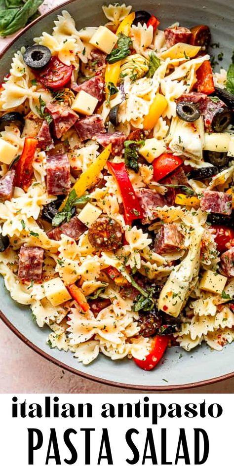 This Italian Antipasto Pasta Salad is a tasty make-ahead appetizer, side dish or meal, packed with bow tie pasta, veggies, salami, cheese and seasonings. It’s an easy pasta salad that everyone always enjoys! Wedding Pasta Salad, Italian Bow Tie Pasta Salad, Easy Italian Antipasto Salad, Now Tie Pasta Salad, Italian Antipasto Salad Recipes, Charcuterie Pasta Salad, Italian Sides Recipes, Anti Pasta Salad Recipes, Antipasto Salad Recipes