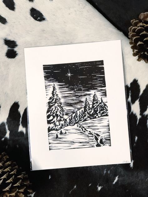 Winter Scenery Handmade Linocut Print, measuring 8x10 inches. Black frame available - includes stand and bracket for hanging on any surface. Linocut Printmaking, Lino Art, Stamp Carving, Linocut Art, Christmas Graphics, Craft Day, Winter Scenery, Dad Cards, Christmas Drawing