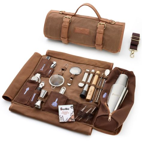 PRICES MAY VARY. PORTABLE BAR BAG: Enjoy cocktails on the go with the Barillio travel bartender kit. The professional cocktail maker set is securely organized in designated compartments within the stylish, coffee colored, waxed canvas bar bag. Mixology never looked better. BARTENDING KIT: Equipped with all the cocktail utensils you need to create anything from a classic Old Fashioned to a festive Margarita. Crafted from rustproof, dishwasher safe stainless steel with a stunning silver finish, th Travel Bartender, Travel Cocktail Kit, Traveling Bar, Travel Bar Set, Bartending Kit, Bartender Kit, Cocktail Maker, Tools Bag, Cocktail Kit