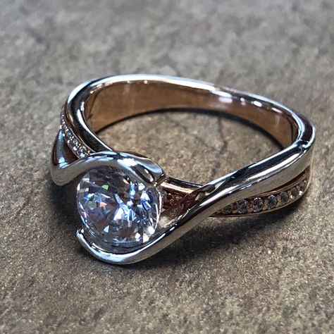 14K Rose and White Gold Two Tone Half Bezel Bypass Engagement Ring with Diamond Accents - $1499 Power Rings, Bypass Engagement Ring, Half Bezel, Round Diamond Engagement Ring, Power Ring, Modern Engagement Rings, Rings Rings, Bridal Engagement Rings, Ring With Diamond