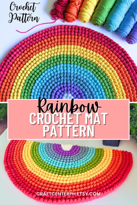 Crochet Rainbow Rug Pattern Free, Crochet Rainbow Rug, Pride Knitting, Rainbow Crochet Pattern, Fun Crochet Patterns, Crochet Bath Mat, Crochet Rug Patterns Free, Crochet Mat, Crochet Rainbow