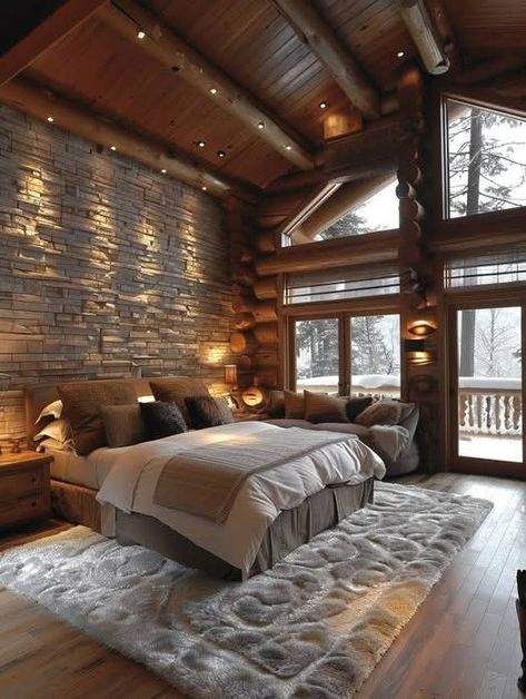 Country House Interior Bedroom, Barniminium Homes Rustic, Cabin Master Bed, Cabin Master Bedrooms Cozy, Cabin Room Ideas Bedrooms, Barndominium Bedroom Ideas, Luxury Rustic Bedroom, Barndominium Bedroom, Modern Mountain Bedroom