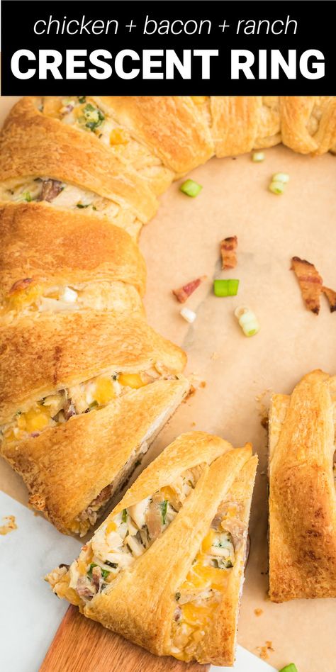 Chicken Bacon Ranch Crescent Ring Chicken Bacon Ranch Crescent, Crescent Roll Ring Recipes, Game Day Foods, Crescent Ring Recipes, Crescent Roll Recipes Dinner, Cranberry Jello Salad, Gameday Party, Football Foods, Chicken Crescent Rolls