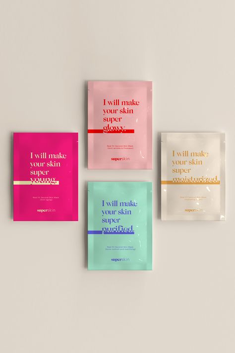 Funky Skincare Packaging, Simple Skincare Packaging, Skincare Branding Design Ideas, Gen Z Skincare Packaging, Face Mask Packaging Design, Skincare Packaging Design Inspiration, Sheet Mask Packaging, Skincare Brand Packaging, Packaging Design Pouch