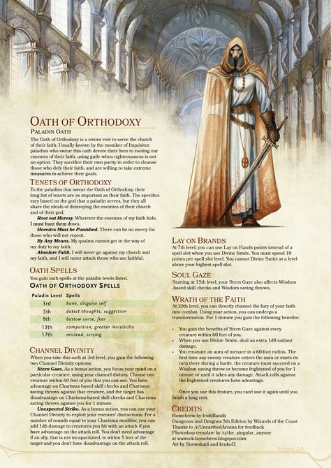 Oath of Orthodoxy Paladin by IrishBandit Paladin Oath, Dnd Paladin, Dnd Homebrew, D D Classes, Dnd Classes, Dnd Races, Dungeons And Dragons 5e, Dungeons And Dragons Classes, Dnd Dragons