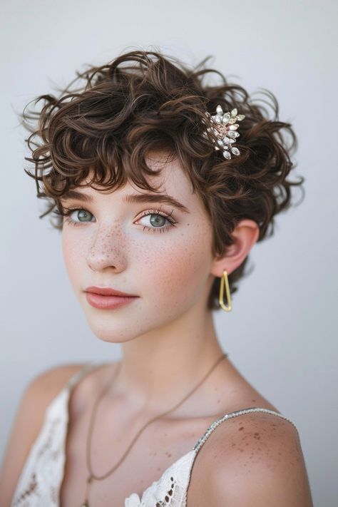 Curly Pixie Wedding Hairstyles, Pixie Hair Prom Styles, Ethereal Short Hairstyles, Prom Hairstyles For Pixie Hair, Prom Pixie Hairstyles, Bridesmaid Pixie Hairstyles, Pixie Prom Hairstyles, Pixie Bridesmaid Hair, Short Curly Formal Hair