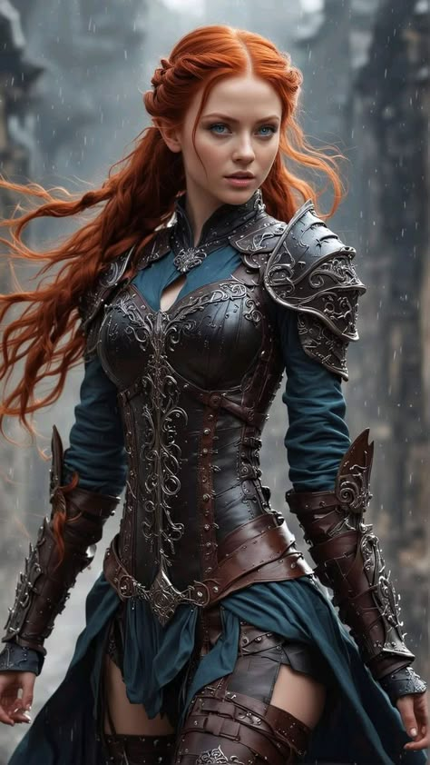 Red Haired Warrior Woman, Female Elf Cosplay, Medieval Princess Character Design, Redhead Character Design, Armor Dress Warrior Princess, Warrior Princess Art, Amazon Warrior Women, Redhead Warrior, Female Armour