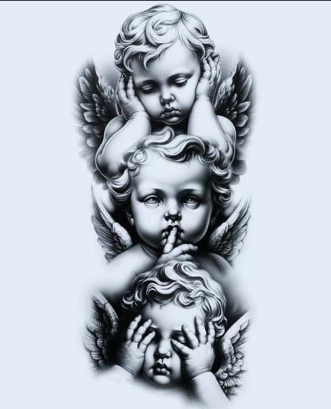 Cherub Tattoo Designs, Tattoo Bras Homme, Gangster Tattoo, Tato Salib, Cherub Tattoo, Pola Tato, Half Sleeve Tattoos Drawings, Yang Tattoo, Realistic Tattoo Sleeve