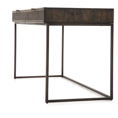 Unique linear carving meets fresh dimension with an artisan slant. Mango wood casing is finished in a vintage brown, highlighting texture and high craftsmanship. A slim iron base adds a long, airy look, while dual drawers keep desk necessities on hand. Filing cabinet sold separately. Overall Dimensions: 56"w x 25"d x 31"hWeight: 86 lbsColors: Carved Vintage Brown, GunmetalMaterials: Mango Wood, IronCollection Name: Fallon *This item is excluded from sale events and not available for additional d Desk Necessities, Iron Desk, Wood Writing Desk, Office Furniture Modern, Wood Case, Wood Desk, Burke Decor, Desk With Drawers, Writing Desk