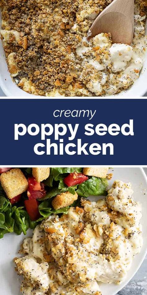 This creamy Poppy Seed Chicken is a classic made up of pieces of chicken combined with a creamy sour cream mixture and topped with a crunchy cracker and poppy seed topping. This is pure comfort food! #chicken #casserole #dinner #poppyseedchicken #dinnerideas #recipe #comfortfood Poppy Seed Chicken Casserole, Pan Dishes, Poppy Seed Chicken, Homemade Strawberry Sauce, Turkey Dishes, Food Chicken, Super Easy Recipes, Chicken Recipes Casserole, Poppy Seed