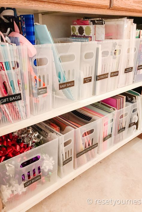 Wrapping Storage Ideas, Gift Bag Organizer Storage Ideas, Wrapping Paper Station In Laundry Room, Gift Box Storage, Storage Area Organization, Small Craft Storage Ideas, Gift Wrap Station Ideas, Office Organization Ideas For The Home, Basement Closet Organization Ideas