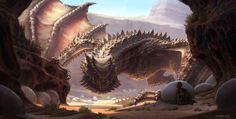 ArtStation - The Lair of the Horned Desert Dragon, Andrew Collins Wyvern Art, Desert Dragon, Assassin Creed, Dnd Monsters, Curious Creatures, Fantasy Beasts, 다크 판타지, Desert Art, Alien Concept Art