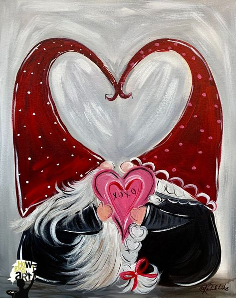 NEW! "Valentine Gnomes" Single or Couples Class! Couples Christmas Painting Ideas, Valentine Day Canvas Painting, Valentine's Painting On Canvas, Easy Gnome Paintings On Canvas, Valentine Day Painting Ideas Canvases, Valentine’s Painting Ideas, February Painting Ideas, Valentine Gnome Painting, Valentine Day Painting