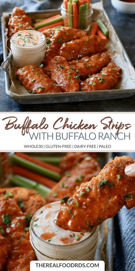 Buffalo Ranch Dip, Boneless Buffalo Wings, Buffalo Chicken Strips, Chicken Thights Recipes, Chicken Strip Recipes, Real Food Dietitians, Buffalo Chicken Recipes, Baked Buffalo Chicken, Buffalo Ranch