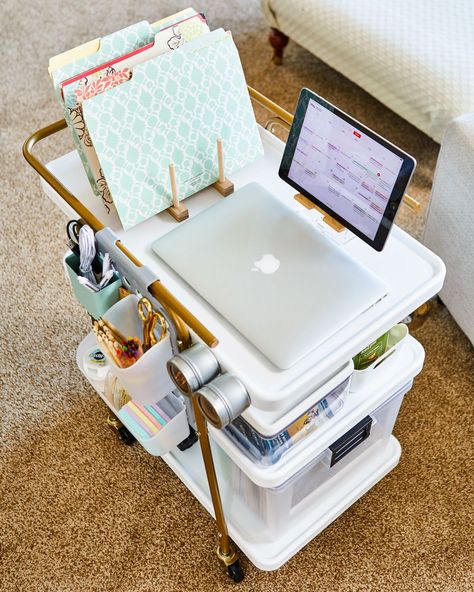 If you are still lugging your office equipment around your home, this mobile cart is a dream come true. Using upgrades and smart storage hacks, any basic rolling cart can be transformed into a moveable workstation. #officeideas #workfromhome #diydeskideas #smallofficeideas #bhg Home Office Storage Ideas, Office Storage Ideas, Office Cart, Small Office Storage, Teacher Cart, Rolling Desk, Mobile Desk, Organization Cart, Mobile Office