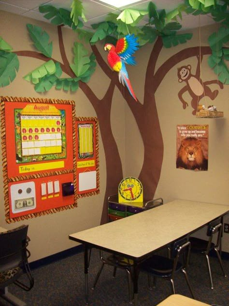 Classroom decorating Rainforest Classroom, Safari Classroom, Classroom Tree, Jungle Classroom, Jungle Theme Classroom, Jungle Thema, Rainforest Theme, Classroom Organisation, Classroom Decor Themes