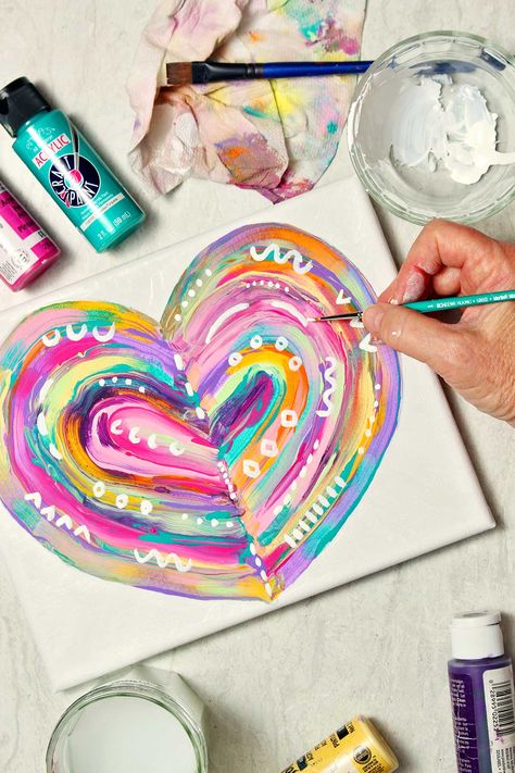 Gather friends & make a DIY Easy Abstract Heart Painting. You blend acrylic paint dots into a one-of-a-kind picture for decorating or a gift. #WelcometoNanas #PaintingIdeas #CraftsforKids #PaintingCraft Abstract Heart Painting, Valentine Art Projects, Whimsical Heart, Heart Canvas, Painted Hearts, Heart Drawing, Heart Painting, Valentines Art, Acrylic Painting For Beginners