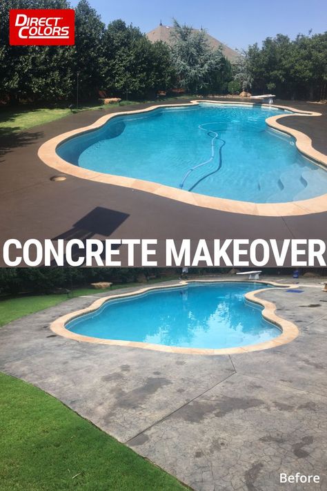 Concrete Pool Deck Resurfacing Color Makeover Painted Concrete Outdoor, Concrete Pool Deck Ideas, Painted Pool Deck, Pool Decking Concrete, Pool Deck Resurfacing, Concrete Pool Deck, Deck Staining, Pool Makeover, Deck Resurfacing