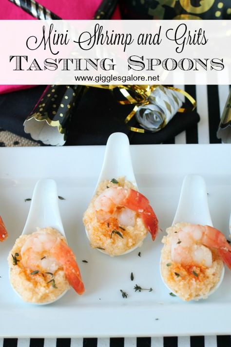 Mini Shrimp and Grits Tasting Spoons_Giggles Galore Tasting Spoon Appetizers, Shrimp And Grits Appetizer Cups, Mini Shrimp And Grits, Shrimp And Grits Appetizer, Grits Appetizer, Party Backdrop Ideas, Christmas Karaoke, Tasting Spoons, Gluten Free Puff Pastry