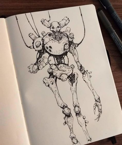 ArtStation - Inktober 2018, Thiago Almeida Robot Sketch, Cyborgs Art, Monster Drawing, Arte Robot, Arte Cyberpunk, Arte Sketchbook, Robot Art, Robots Concept, Robot Concept Art