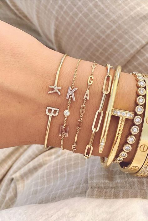 Letter Bracelet, Jewelry Accessories Ideas, Mini Mini, Jewelry Fashion Trends, Stacked Jewelry, Jewelry Lookbook, Jewelry Outfit, Tennis Bracelet Diamond, Shop The Look