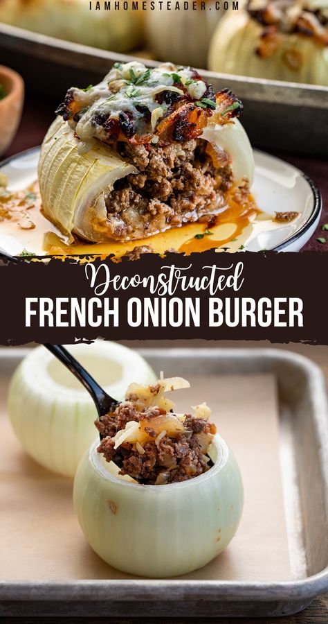 Two images, one of a deconstructed onion burger on a plate, cooked and ready to serve.  The other image is of the onion being filled prior to cooking.